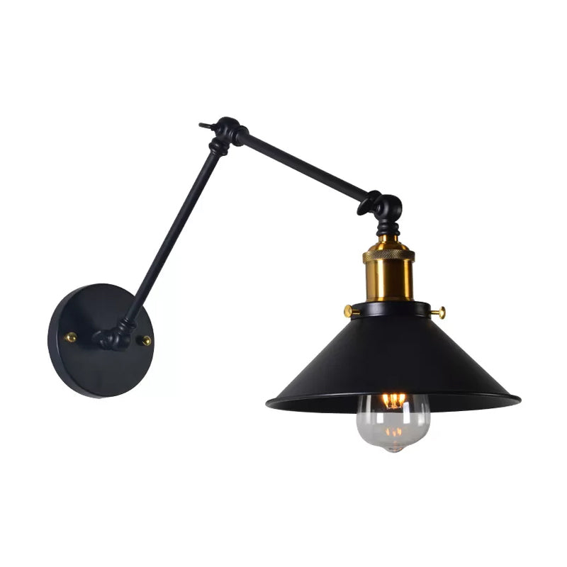 Iron Black/White-Brass Reading Wall Lamp Conical 1-Light Factory Wall Lighting with 8"+8"/12"+12" Wide Swing Arm Clearhalo 'Art deco wall lights' 'Cast Iron' 'Glass' 'Industrial wall lights' 'Industrial' 'Middle century wall lights' 'Modern' 'Rustic wall lights' 'Tiffany' 'Traditional wall lights' 'Wall Lamps & Sconces' 'Wall Lights' Lighting' 1917035
