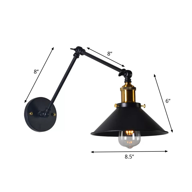 Iron Black/White-Brass Reading Wall Lamp Conical 1-Light Factory Wall Lighting with 8"+8"/12"+12" Wide Swing Arm Clearhalo 'Art deco wall lights' 'Cast Iron' 'Glass' 'Industrial wall lights' 'Industrial' 'Middle century wall lights' 'Modern' 'Rustic wall lights' 'Tiffany' 'Traditional wall lights' 'Wall Lamps & Sconces' 'Wall Lights' Lighting' 1917036