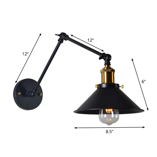 Iron Black/White-Brass Reading Wall Lamp Conical 1-Light Factory Wall Lighting with 8"+8"/12"+12" Wide Swing Arm Clearhalo 'Art deco wall lights' 'Cast Iron' 'Glass' 'Industrial wall lights' 'Industrial' 'Middle century wall lights' 'Modern' 'Rustic wall lights' 'Tiffany' 'Traditional wall lights' 'Wall Lamps & Sconces' 'Wall Lights' Lighting' 1917037