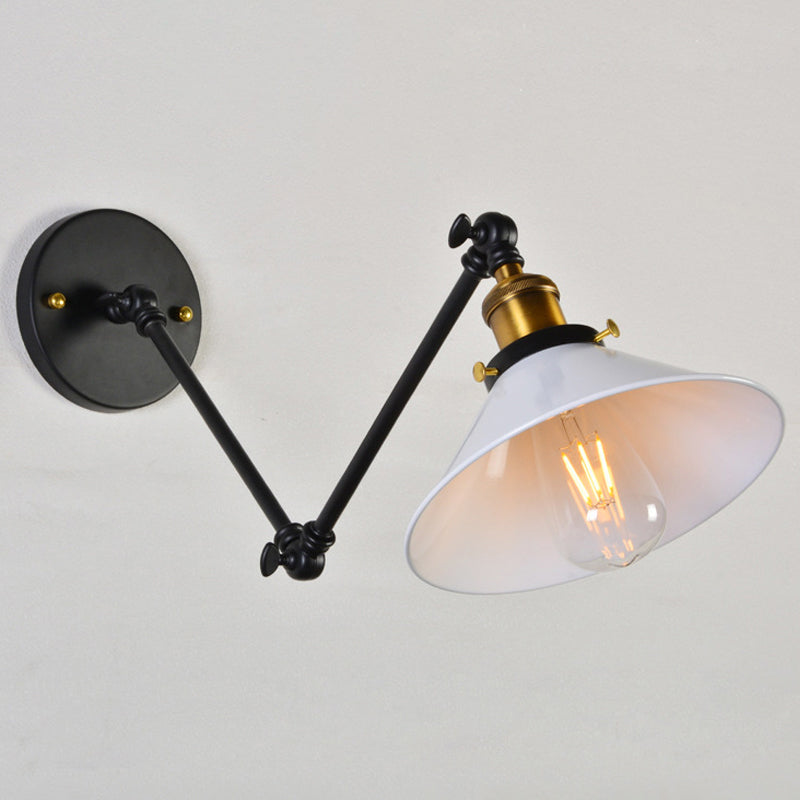 Iron Black/White-Brass Reading Wall Lamp Conical 1-Light Factory Wall Lighting with 8"+8"/12"+12" Wide Swing Arm White Clearhalo 'Art deco wall lights' 'Cast Iron' 'Glass' 'Industrial wall lights' 'Industrial' 'Middle century wall lights' 'Modern' 'Rustic wall lights' 'Tiffany' 'Traditional wall lights' 'Wall Lamps & Sconces' 'Wall Lights' Lighting' 1917038