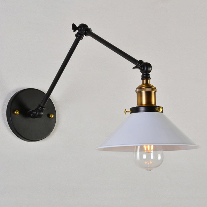 Iron Black/White-Brass Reading Wall Lamp Conical 1-Light Factory Wall Lighting with 8"+8"/12"+12" Wide Swing Arm Clearhalo 'Art deco wall lights' 'Cast Iron' 'Glass' 'Industrial wall lights' 'Industrial' 'Middle century wall lights' 'Modern' 'Rustic wall lights' 'Tiffany' 'Traditional wall lights' 'Wall Lamps & Sconces' 'Wall Lights' Lighting' 1917039