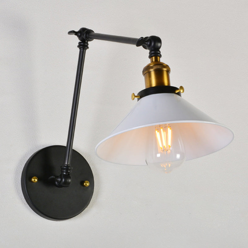 Iron Black/White-Brass Reading Wall Lamp Conical 1-Light Factory Wall Lighting with 8"+8"/12"+12" Wide Swing Arm Clearhalo 'Art deco wall lights' 'Cast Iron' 'Glass' 'Industrial wall lights' 'Industrial' 'Middle century wall lights' 'Modern' 'Rustic wall lights' 'Tiffany' 'Traditional wall lights' 'Wall Lamps & Sconces' 'Wall Lights' Lighting' 1917040