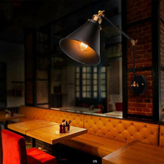 1-Light Wall Lighting Fixture Farmhouse Bistro Adjustable Wall Lamp with Conic Iron Shade in Black Black Clearhalo 'Art deco wall lights' 'Cast Iron' 'Glass' 'Industrial wall lights' 'Industrial' 'Middle century wall lights' 'Modern' 'Rustic wall lights' 'Tiffany' 'Traditional wall lights' 'Wall Lamps & Sconces' 'Wall Lights' Lighting' 1917048