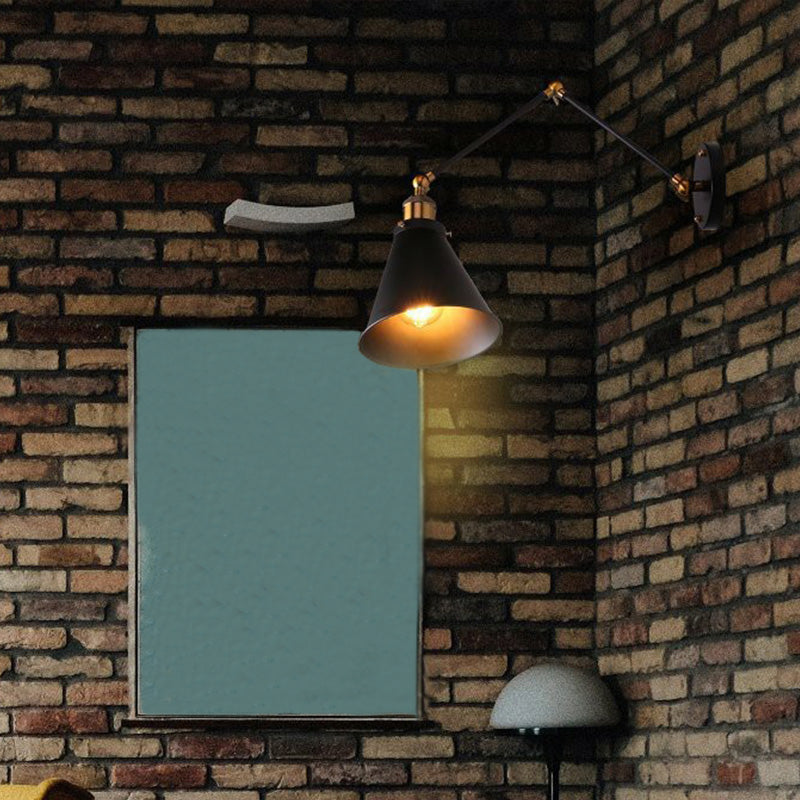 1-Light Wall Lighting Fixture Farmhouse Bistro Adjustable Wall Lamp with Conic Iron Shade in Black Clearhalo 'Art deco wall lights' 'Cast Iron' 'Glass' 'Industrial wall lights' 'Industrial' 'Middle century wall lights' 'Modern' 'Rustic wall lights' 'Tiffany' 'Traditional wall lights' 'Wall Lamps & Sconces' 'Wall Lights' Lighting' 1917049