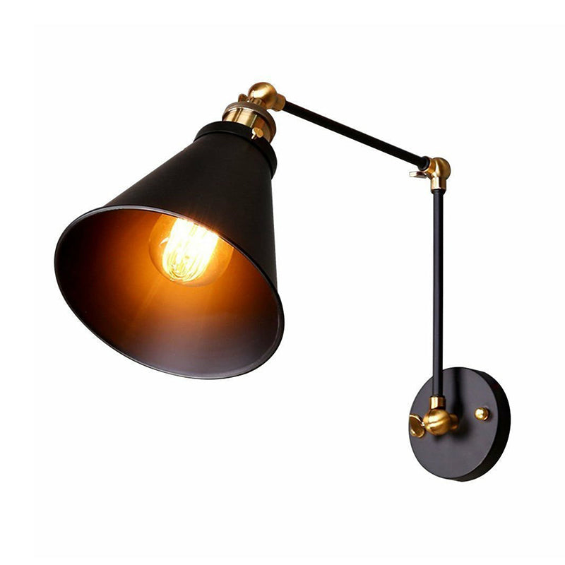 1-Light Wall Lighting Fixture Farmhouse Bistro Adjustable Wall Lamp with Conic Iron Shade in Black Clearhalo 'Art deco wall lights' 'Cast Iron' 'Glass' 'Industrial wall lights' 'Industrial' 'Middle century wall lights' 'Modern' 'Rustic wall lights' 'Tiffany' 'Traditional wall lights' 'Wall Lamps & Sconces' 'Wall Lights' Lighting' 1917050