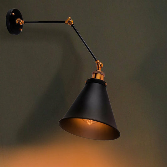 1-Light Wall Lighting Fixture Farmhouse Bistro Adjustable Wall Lamp with Conic Iron Shade in Black Clearhalo 'Art deco wall lights' 'Cast Iron' 'Glass' 'Industrial wall lights' 'Industrial' 'Middle century wall lights' 'Modern' 'Rustic wall lights' 'Tiffany' 'Traditional wall lights' 'Wall Lamps & Sconces' 'Wall Lights' Lighting' 1917052