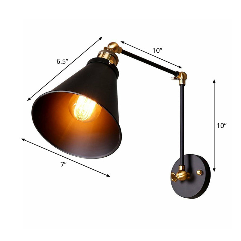 1-Light Wall Lighting Fixture Farmhouse Bistro Adjustable Wall Lamp with Conic Iron Shade in Black Clearhalo 'Art deco wall lights' 'Cast Iron' 'Glass' 'Industrial wall lights' 'Industrial' 'Middle century wall lights' 'Modern' 'Rustic wall lights' 'Tiffany' 'Traditional wall lights' 'Wall Lamps & Sconces' 'Wall Lights' Lighting' 1917053