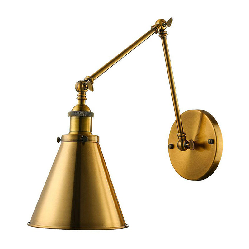 1 Head Cone Shade Wall Mount Light Industrial Brass Iron Swing Arm Reading Wall Lamp for Studio Clearhalo 'Art deco wall lights' 'Cast Iron' 'Glass' 'Industrial wall lights' 'Industrial' 'Middle century wall lights' 'Modern' 'Rustic wall lights' 'Tiffany' 'Traditional wall lights' 'Wall Lamps & Sconces' 'Wall Lights' Lighting' 1917056