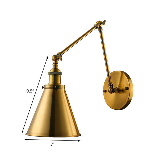 1 Head Cone Shade Wall Mount Light Industrial Brass Iron Swing Arm Reading Wall Lamp for Studio Clearhalo 'Art deco wall lights' 'Cast Iron' 'Glass' 'Industrial wall lights' 'Industrial' 'Middle century wall lights' 'Modern' 'Rustic wall lights' 'Tiffany' 'Traditional wall lights' 'Wall Lamps & Sconces' 'Wall Lights' Lighting' 1917057