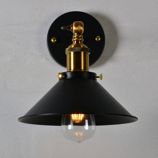 Rolled-Edge Cone Kitchen Wall Lamp Countryside Metal 1 Bulb Black/White-Brass Wall Mount Lighting with Adjustable Joint Black Clearhalo 'Art deco wall lights' 'Cast Iron' 'Glass' 'Industrial wall lights' 'Industrial' 'Middle century wall lights' 'Modern' 'Rustic wall lights' 'Tiffany' 'Traditional wall lights' 'Wall Lamps & Sconces' 'Wall Lights' Lighting' 1917071