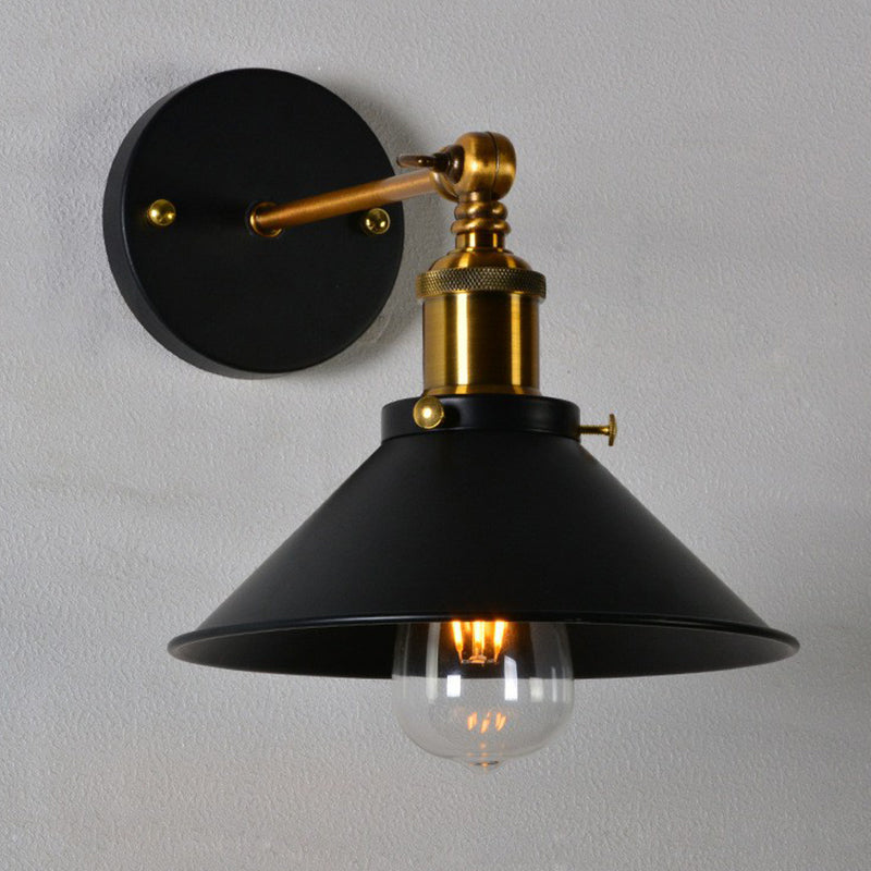 Rolled-Edge Cone Kitchen Wall Lamp Countryside Metal 1 Bulb Black/White-Brass Wall Mount Lighting with Adjustable Joint Clearhalo 'Art deco wall lights' 'Cast Iron' 'Glass' 'Industrial wall lights' 'Industrial' 'Middle century wall lights' 'Modern' 'Rustic wall lights' 'Tiffany' 'Traditional wall lights' 'Wall Lamps & Sconces' 'Wall Lights' Lighting' 1917072