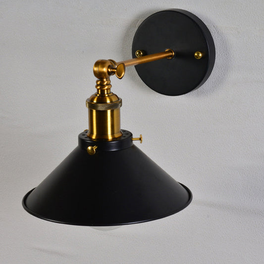 Rolled-Edge Cone Kitchen Wall Lamp Countryside Metal 1 Bulb Black/White-Brass Wall Mount Lighting with Adjustable Joint Clearhalo 'Art deco wall lights' 'Cast Iron' 'Glass' 'Industrial wall lights' 'Industrial' 'Middle century wall lights' 'Modern' 'Rustic wall lights' 'Tiffany' 'Traditional wall lights' 'Wall Lamps & Sconces' 'Wall Lights' Lighting' 1917073