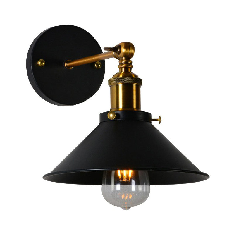 Rolled-Edge Cone Kitchen Wall Lamp Countryside Metal 1 Bulb Black/White-Brass Wall Mount Lighting with Adjustable Joint Clearhalo 'Art deco wall lights' 'Cast Iron' 'Glass' 'Industrial wall lights' 'Industrial' 'Middle century wall lights' 'Modern' 'Rustic wall lights' 'Tiffany' 'Traditional wall lights' 'Wall Lamps & Sconces' 'Wall Lights' Lighting' 1917074