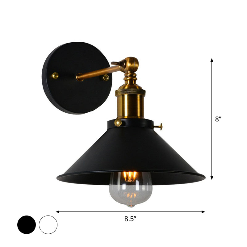 Rolled-Edge Cone Kitchen Wall Lamp Countryside Metal 1 Bulb Black/White-Brass Wall Mount Lighting with Adjustable Joint Clearhalo 'Art deco wall lights' 'Cast Iron' 'Glass' 'Industrial wall lights' 'Industrial' 'Middle century wall lights' 'Modern' 'Rustic wall lights' 'Tiffany' 'Traditional wall lights' 'Wall Lamps & Sconces' 'Wall Lights' Lighting' 1917075
