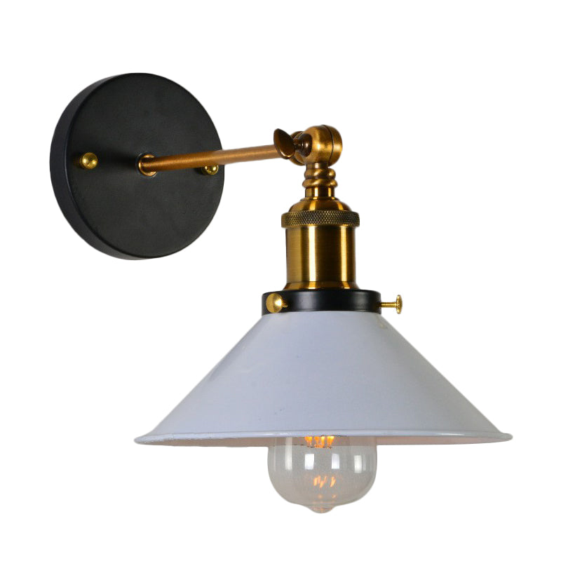 Rolled-Edge Cone Kitchen Wall Lamp Countryside Metal 1 Bulb Black/White-Brass Wall Mount Lighting with Adjustable Joint Clearhalo 'Art deco wall lights' 'Cast Iron' 'Glass' 'Industrial wall lights' 'Industrial' 'Middle century wall lights' 'Modern' 'Rustic wall lights' 'Tiffany' 'Traditional wall lights' 'Wall Lamps & Sconces' 'Wall Lights' Lighting' 1917077