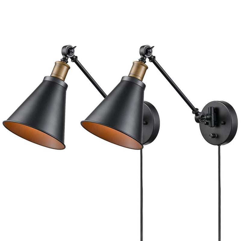 Horn Iron Wall Mount Reading Lamp Industrial 1-Light Bedroom Rotating Wall Lighting with/without Plug-in Cord in Black Clearhalo 'Art deco wall lights' 'Cast Iron' 'Glass' 'Industrial wall lights' 'Industrial' 'Middle century wall lights' 'Modern' 'Rustic wall lights' 'Tiffany' 'Traditional wall lights' 'Wall Lamps & Sconces' 'Wall Lights' Lighting' 1917081