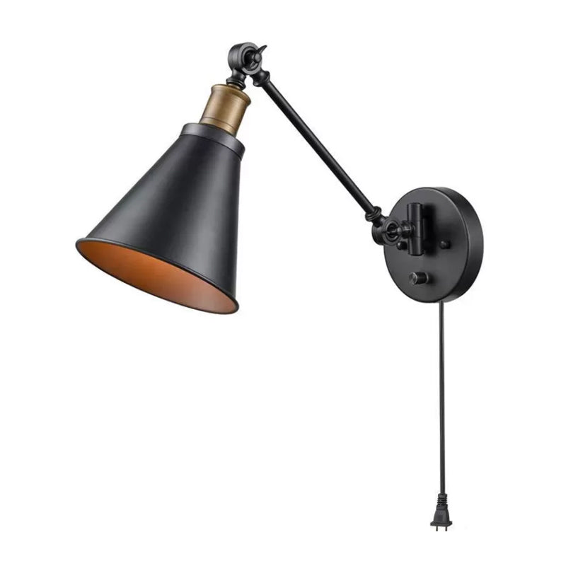 Horn Iron Wall Mount Reading Lamp Industrial 1-Light Bedroom Rotating Wall Lighting with/without Plug-in Cord in Black Clearhalo 'Art deco wall lights' 'Cast Iron' 'Glass' 'Industrial wall lights' 'Industrial' 'Middle century wall lights' 'Modern' 'Rustic wall lights' 'Tiffany' 'Traditional wall lights' 'Wall Lamps & Sconces' 'Wall Lights' Lighting' 1917083