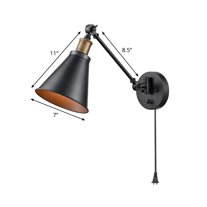 Horn Iron Wall Mount Reading Lamp Industrial 1-Light Bedroom Rotating Wall Lighting with/without Plug-in Cord in Black Clearhalo 'Art deco wall lights' 'Cast Iron' 'Glass' 'Industrial wall lights' 'Industrial' 'Middle century wall lights' 'Modern' 'Rustic wall lights' 'Tiffany' 'Traditional wall lights' 'Wall Lamps & Sconces' 'Wall Lights' Lighting' 1917084