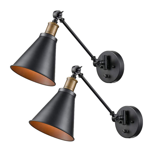Horn Iron Wall Mount Reading Lamp Industrial 1-Light Bedroom Rotating Wall Lighting with/without Plug-in Cord in Black