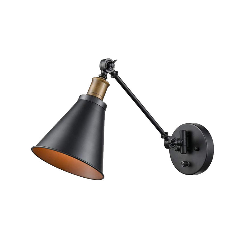 Horn Iron Wall Mount Reading Lamp Industrial 1-Light Bedroom Rotating Wall Lighting with/without Plug-in Cord in Black Clearhalo 'Art deco wall lights' 'Cast Iron' 'Glass' 'Industrial wall lights' 'Industrial' 'Middle century wall lights' 'Modern' 'Rustic wall lights' 'Tiffany' 'Traditional wall lights' 'Wall Lamps & Sconces' 'Wall Lights' Lighting' 1917086