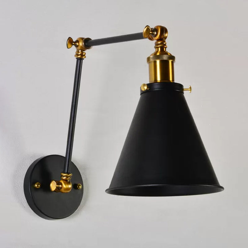 Black-Brass Conical Wall Lamp Fixture Retro Iron 1 Bulb Studio Task Wall Light with Swing Arm Black Clearhalo 'Art deco wall lights' 'Cast Iron' 'Glass' 'Industrial wall lights' 'Industrial' 'Middle century wall lights' 'Modern' 'Rustic wall lights' 'Tiffany' 'Traditional wall lights' 'Wall Lamps & Sconces' 'Wall Lights' Lighting' 1917094