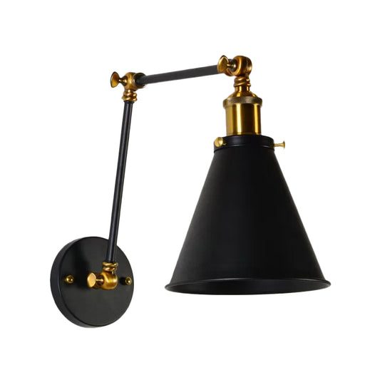 Black-Brass Conical Wall Lamp Fixture Retro Iron 1 Bulb Studio Task Wall Light with Swing Arm Clearhalo 'Art deco wall lights' 'Cast Iron' 'Glass' 'Industrial wall lights' 'Industrial' 'Middle century wall lights' 'Modern' 'Rustic wall lights' 'Tiffany' 'Traditional wall lights' 'Wall Lamps & Sconces' 'Wall Lights' Lighting' 1917095