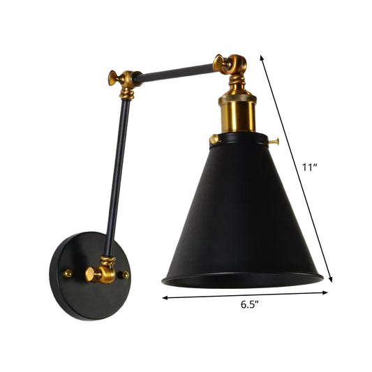 Black-Brass Conical Wall Lamp Fixture Retro Iron 1 Bulb Studio Task Wall Light with Swing Arm Clearhalo 'Art deco wall lights' 'Cast Iron' 'Glass' 'Industrial wall lights' 'Industrial' 'Middle century wall lights' 'Modern' 'Rustic wall lights' 'Tiffany' 'Traditional wall lights' 'Wall Lamps & Sconces' 'Wall Lights' Lighting' 1917096