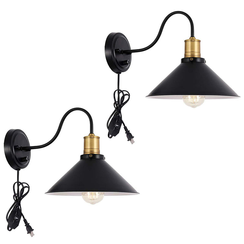 Metal Cone Wall Mount Light Industrial 1/2-Bulb Door Side Gooseneck Wall Lamp Fixture with/without Plug in Black 2.0 Black A Clearhalo 'Art deco wall lights' 'Cast Iron' 'Glass' 'Industrial wall lights' 'Industrial' 'Middle century wall lights' 'Modern' 'Rustic wall lights' 'Tiffany' 'Traditional wall lights' 'Wall Lamps & Sconces' 'Wall Lights' Lighting' 1917114