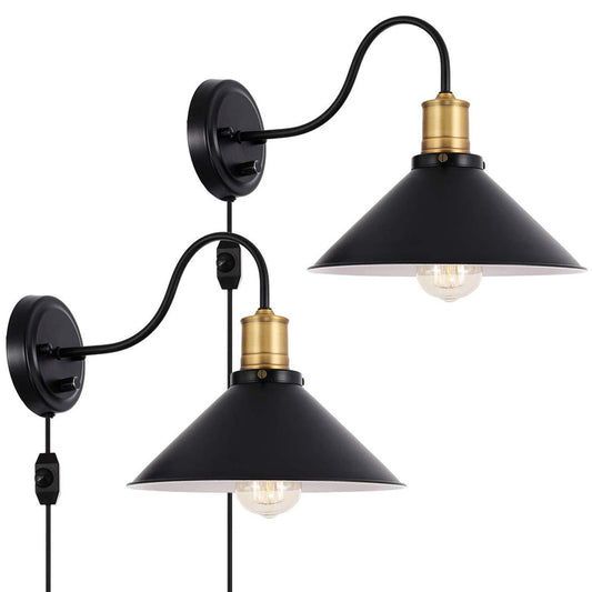 Metal Cone Wall Mount Light Industrial 1/2-Bulb Door Side Gooseneck Wall Lamp Fixture with/without Plug in Black Clearhalo 'Art deco wall lights' 'Cast Iron' 'Glass' 'Industrial wall lights' 'Industrial' 'Middle century wall lights' 'Modern' 'Rustic wall lights' 'Tiffany' 'Traditional wall lights' 'Wall Lamps & Sconces' 'Wall Lights' Lighting' 1917115