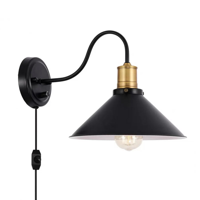 Metal Cone Wall Mount Light Industrial 1/2-Bulb Door Side Gooseneck Wall Lamp Fixture with/without Plug in Black 1.0 Black A Clearhalo 'Art deco wall lights' 'Cast Iron' 'Glass' 'Industrial wall lights' 'Industrial' 'Middle century wall lights' 'Modern' 'Rustic wall lights' 'Tiffany' 'Traditional wall lights' 'Wall Lamps & Sconces' 'Wall Lights' Lighting' 1917116