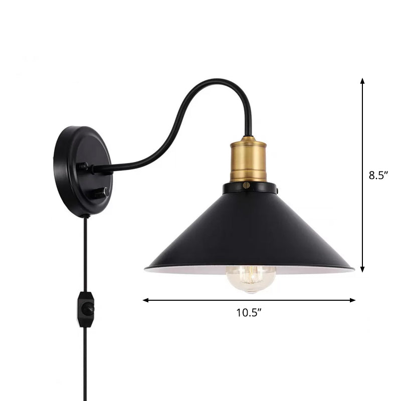 Metal Cone Wall Mount Light Industrial 1/2-Bulb Door Side Gooseneck Wall Lamp Fixture with/without Plug in Black Clearhalo 'Art deco wall lights' 'Cast Iron' 'Glass' 'Industrial wall lights' 'Industrial' 'Middle century wall lights' 'Modern' 'Rustic wall lights' 'Tiffany' 'Traditional wall lights' 'Wall Lamps & Sconces' 'Wall Lights' Lighting' 1917117