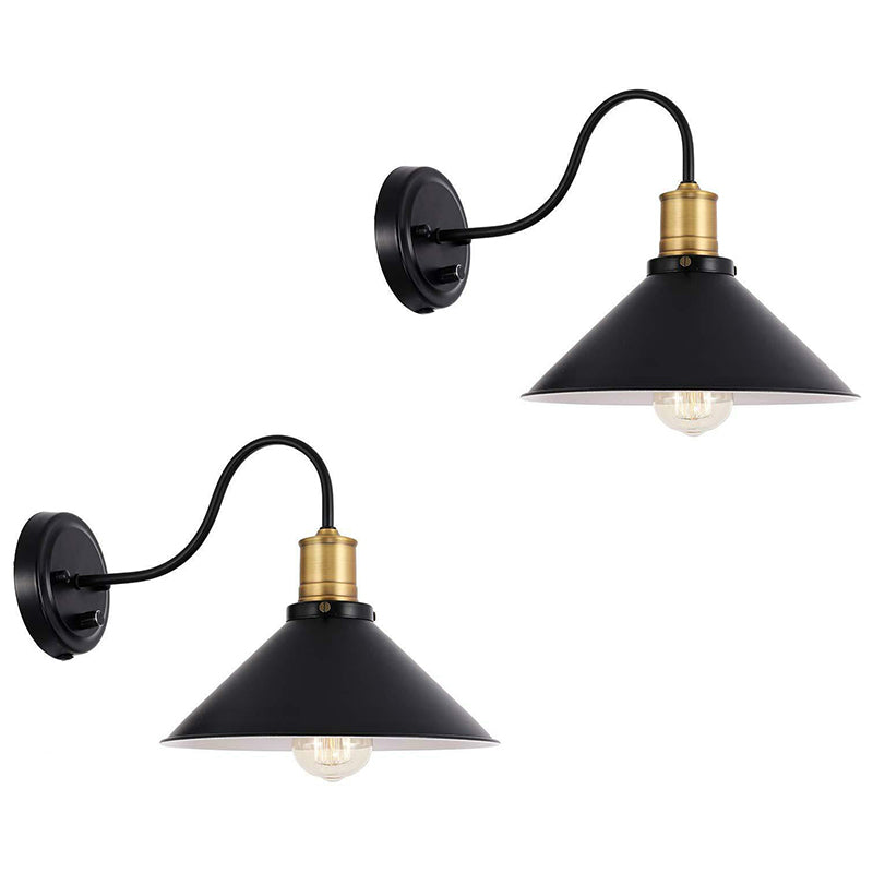 Metal Cone Wall Mount Light Industrial 1/2-Bulb Door Side Gooseneck Wall Lamp Fixture with/without Plug in Black 2.0 Black B Clearhalo 'Art deco wall lights' 'Cast Iron' 'Glass' 'Industrial wall lights' 'Industrial' 'Middle century wall lights' 'Modern' 'Rustic wall lights' 'Tiffany' 'Traditional wall lights' 'Wall Lamps & Sconces' 'Wall Lights' Lighting' 1917118
