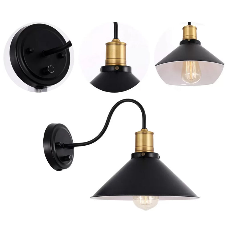 Metal Cone Wall Mount Light Industrial 1/2-Bulb Door Side Gooseneck Wall Lamp Fixture with/without Plug in Black Clearhalo 'Art deco wall lights' 'Cast Iron' 'Glass' 'Industrial wall lights' 'Industrial' 'Middle century wall lights' 'Modern' 'Rustic wall lights' 'Tiffany' 'Traditional wall lights' 'Wall Lamps & Sconces' 'Wall Lights' Lighting' 1917120
