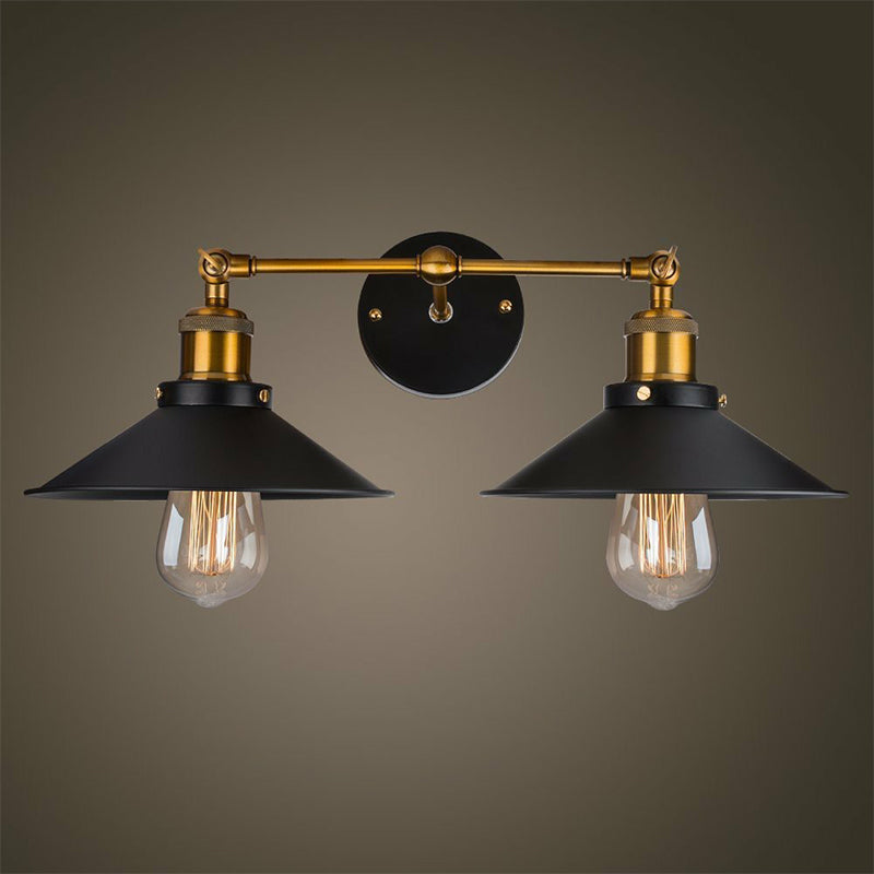 Cone Workshop Wall Light Kit Rustic Metal 1/2-Light Black Wall Mount Lamp with Rotating Brass Linear Arm Clearhalo 'Art deco wall lights' 'Cast Iron' 'Glass' 'Industrial wall lights' 'Industrial' 'Middle century wall lights' 'Modern' 'Rustic wall lights' 'Tiffany' 'Traditional wall lights' 'Wall Lamps & Sconces' 'Wall Lights' Lighting' 1917125