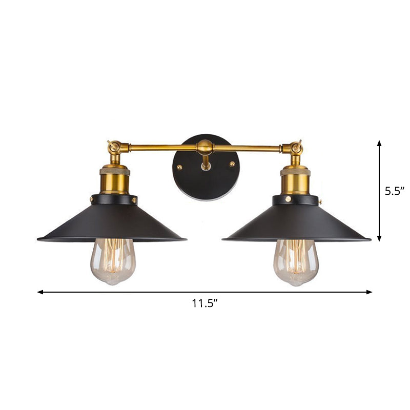 Cone Workshop Wall Light Kit Rustic Metal 1/2-Light Black Wall Mount Lamp with Rotating Brass Linear Arm Clearhalo 'Art deco wall lights' 'Cast Iron' 'Glass' 'Industrial wall lights' 'Industrial' 'Middle century wall lights' 'Modern' 'Rustic wall lights' 'Tiffany' 'Traditional wall lights' 'Wall Lamps & Sconces' 'Wall Lights' Lighting' 1917126