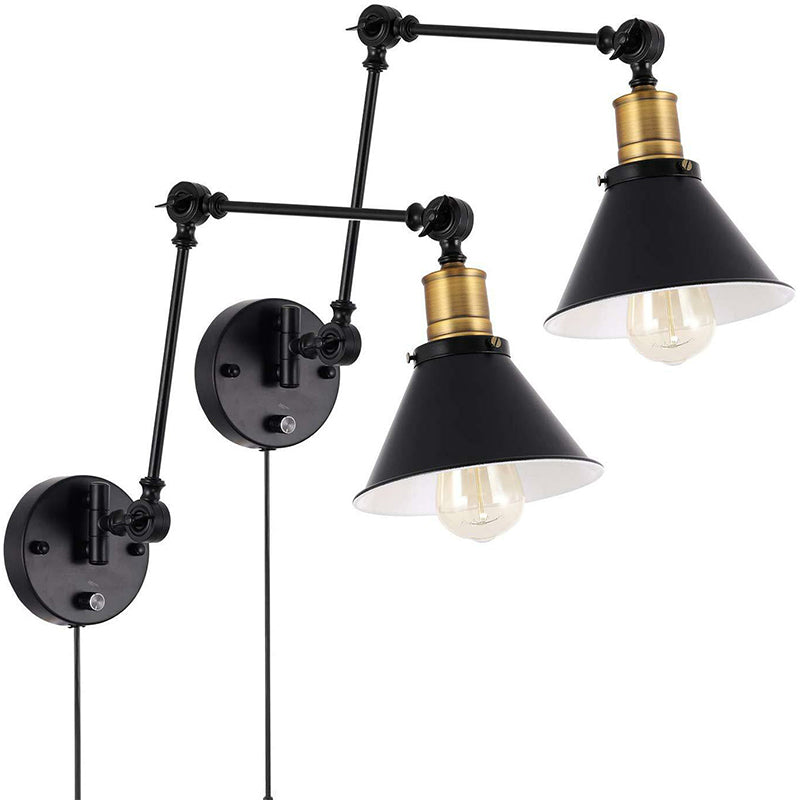 Flexible Swing Arm Metal Task Wall Light Industrial 1/2-Light Office Plug-in Wall Mount Lamp with Cone Shade in Black 2.0 Black Clearhalo 'Art deco wall lights' 'Cast Iron' 'Glass' 'Industrial wall lights' 'Industrial' 'Middle century wall lights' 'Modern' 'Rustic wall lights' 'Tiffany' 'Traditional wall lights' 'Wall Lamps & Sconces' 'Wall Lights' Lighting' 1917135