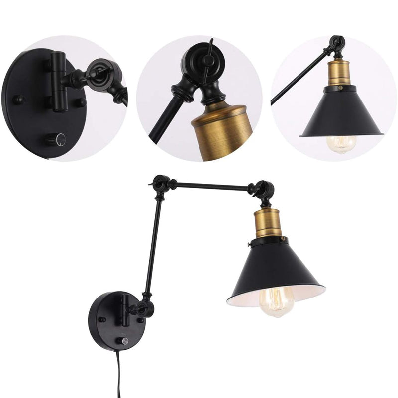 Flexible Swing Arm Metal Task Wall Light Industrial 1/2-Light Office Plug-in Wall Mount Lamp with Cone Shade in Black Clearhalo 'Art deco wall lights' 'Cast Iron' 'Glass' 'Industrial wall lights' 'Industrial' 'Middle century wall lights' 'Modern' 'Rustic wall lights' 'Tiffany' 'Traditional wall lights' 'Wall Lamps & Sconces' 'Wall Lights' Lighting' 1917136