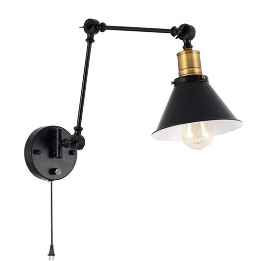 Flexible Swing Arm Metal Task Wall Light Industrial 1/2-Light Office Plug-in Wall Mount Lamp with Cone Shade in Black 1.0 Black Clearhalo 'Art deco wall lights' 'Cast Iron' 'Glass' 'Industrial wall lights' 'Industrial' 'Middle century wall lights' 'Modern' 'Rustic wall lights' 'Tiffany' 'Traditional wall lights' 'Wall Lamps & Sconces' 'Wall Lights' Lighting' 1917137