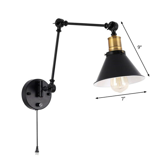 Flexible Swing Arm Metal Task Wall Light Industrial 1/2-Light Office Plug-in Wall Mount Lamp with Cone Shade in Black Clearhalo 'Art deco wall lights' 'Cast Iron' 'Glass' 'Industrial wall lights' 'Industrial' 'Middle century wall lights' 'Modern' 'Rustic wall lights' 'Tiffany' 'Traditional wall lights' 'Wall Lamps & Sconces' 'Wall Lights' Lighting' 1917138