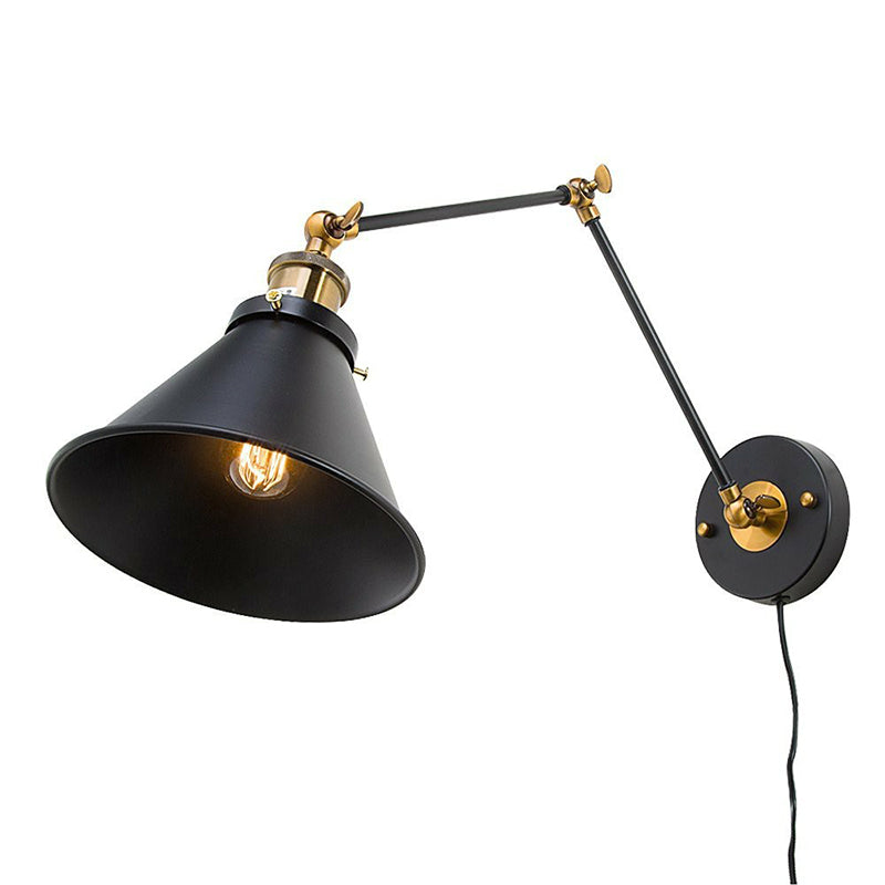 Iron Black Finish Reading Wall Lamp Roll-Edge Conical Single Industrial Plug/Plug-less Wall Lighting with Swing Arm Black A Clearhalo 'Art deco wall lights' 'Cast Iron' 'Glass' 'Industrial wall lights' 'Industrial' 'Middle century wall lights' 'Modern' 'Rustic wall lights' 'Tiffany' 'Traditional wall lights' 'Wall Lamps & Sconces' 'Wall Lights' Lighting' 1917139