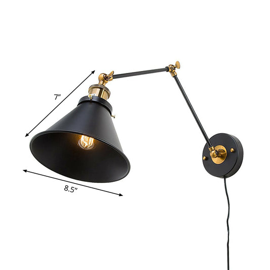 Iron Black Finish Reading Wall Lamp Roll-Edge Conical Single Industrial Plug/Plug-less Wall Lighting with Swing Arm Clearhalo 'Art deco wall lights' 'Cast Iron' 'Glass' 'Industrial wall lights' 'Industrial' 'Middle century wall lights' 'Modern' 'Rustic wall lights' 'Tiffany' 'Traditional wall lights' 'Wall Lamps & Sconces' 'Wall Lights' Lighting' 1917140