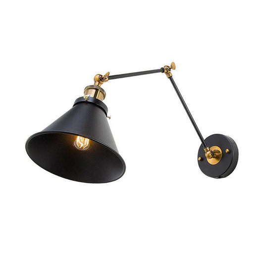 Iron Black Finish Reading Wall Lamp Roll-Edge Conical Single Industrial Plug/Plug-less Wall Lighting with Swing Arm Black B Clearhalo 'Art deco wall lights' 'Cast Iron' 'Glass' 'Industrial wall lights' 'Industrial' 'Middle century wall lights' 'Modern' 'Rustic wall lights' 'Tiffany' 'Traditional wall lights' 'Wall Lamps & Sconces' 'Wall Lights' Lighting' 1917141