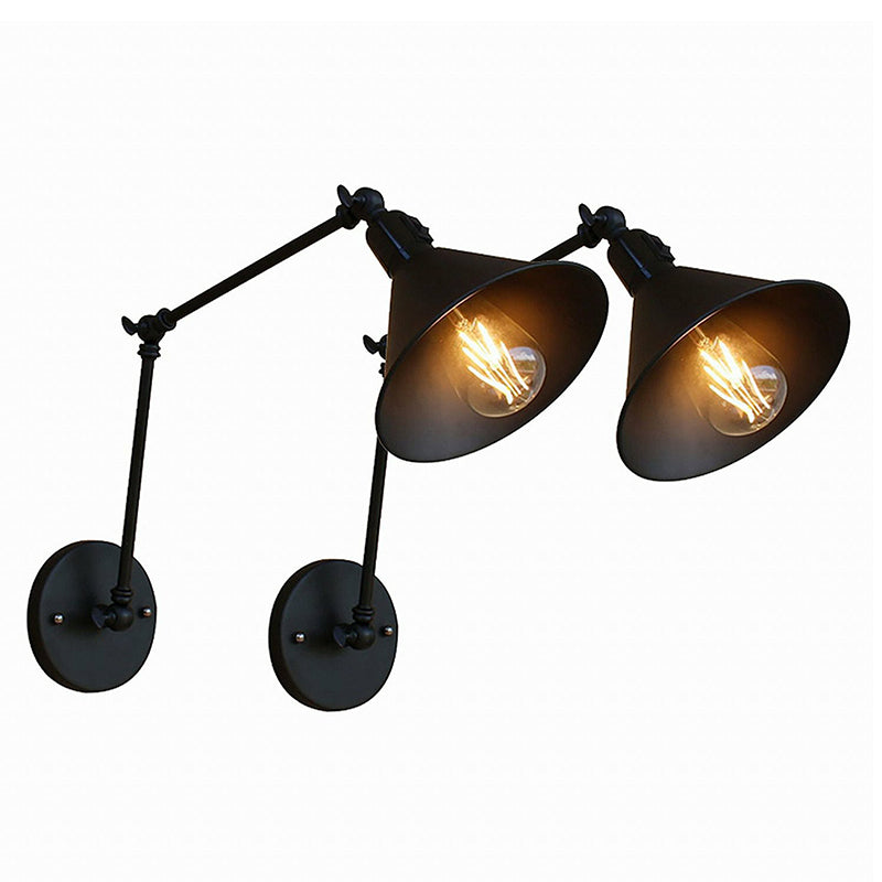Black Cone Swing Arm Wall Lamp Kit Vintage Iron 1/2-Head Bedroom On/Off Button Wall Mounted Light Fixture 2.0 Black Clearhalo 'Art deco wall lights' 'Cast Iron' 'Glass' 'Industrial wall lights' 'Industrial' 'Middle century wall lights' 'Modern' 'Rustic wall lights' 'Tiffany' 'Traditional wall lights' 'Wall Lamps & Sconces' 'Wall Lights' Lighting' 1917142