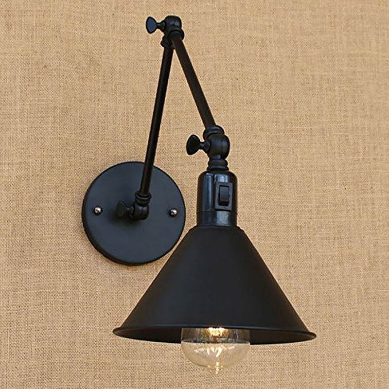 Black Cone Swing Arm Wall Lamp Kit Vintage Iron 1/2-Head Bedroom On/Off Button Wall Mounted Light Fixture Clearhalo 'Art deco wall lights' 'Cast Iron' 'Glass' 'Industrial wall lights' 'Industrial' 'Middle century wall lights' 'Modern' 'Rustic wall lights' 'Tiffany' 'Traditional wall lights' 'Wall Lamps & Sconces' 'Wall Lights' Lighting' 1917144