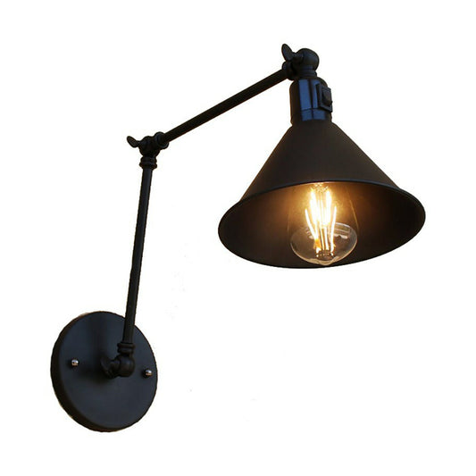 Black Cone Swing Arm Wall Lamp Kit Vintage Iron 1/2-Head Bedroom On/Off Button Wall Mounted Light Fixture Clearhalo 'Art deco wall lights' 'Cast Iron' 'Glass' 'Industrial wall lights' 'Industrial' 'Middle century wall lights' 'Modern' 'Rustic wall lights' 'Tiffany' 'Traditional wall lights' 'Wall Lamps & Sconces' 'Wall Lights' Lighting' 1917145