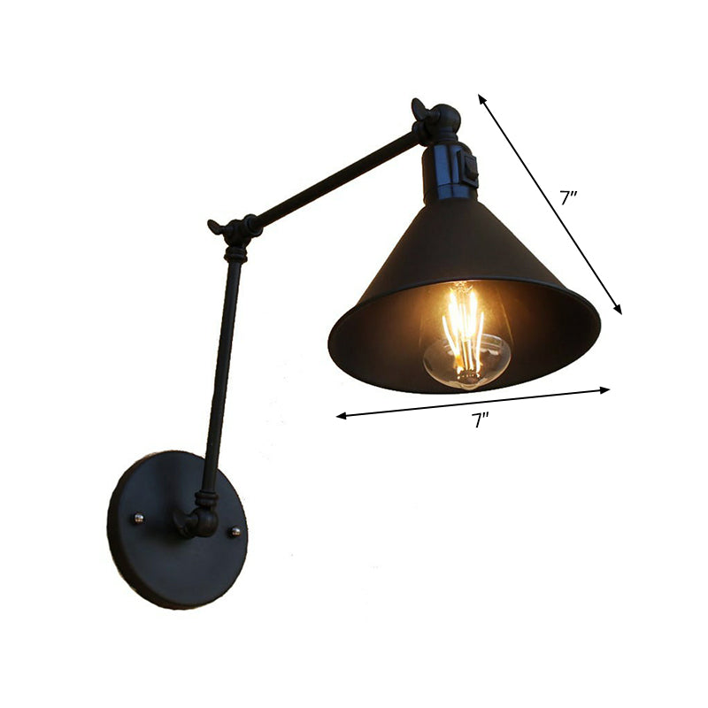 Black Cone Swing Arm Wall Lamp Kit Vintage Iron 1/2-Head Bedroom On/Off Button Wall Mounted Light Fixture Clearhalo 'Art deco wall lights' 'Cast Iron' 'Glass' 'Industrial wall lights' 'Industrial' 'Middle century wall lights' 'Modern' 'Rustic wall lights' 'Tiffany' 'Traditional wall lights' 'Wall Lamps & Sconces' 'Wall Lights' Lighting' 1917146