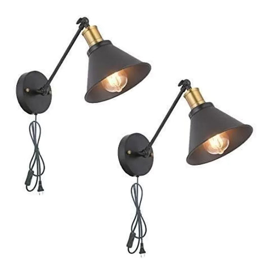 Roll-Trimmed Horn Iron Wall Light Warehouse 2-Head Bedside Rotatable Reading Wall Lamp with Plug in Black Black Clearhalo 'Art deco wall lights' 'Cast Iron' 'Glass' 'Industrial wall lights' 'Industrial' 'Middle century wall lights' 'Modern' 'Rustic wall lights' 'Tiffany' 'Traditional wall lights' 'Wall Lamps & Sconces' 'Wall Lights' Lighting' 1917147