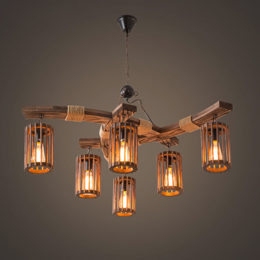 Wood Caged Hanging Chandelier Lodge 6-Bulb Dining Room Ceiling Pendant Light with Rope Detail in Black/Brown Brown Clearhalo 'Carpenter Chandeliers' 'Ceiling Lights' 'Chandeliers' 'Industrial Chandeliers' 'Industrial' 'Middle Century Chandeliers' 'Modern' 'Tiffany' Lighting' 1917149