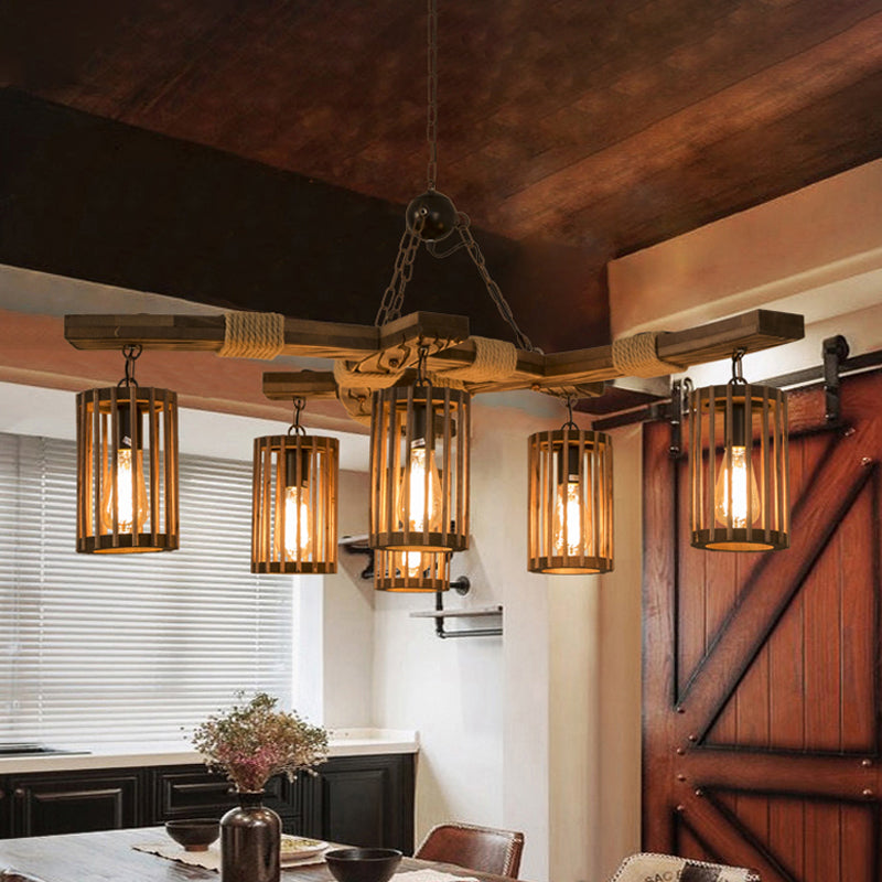 Wood Caged Hanging Chandelier Lodge 6-Bulb Dining Room Ceiling Pendant Light with Rope Detail in Black/Brown Clearhalo 'Carpenter Chandeliers' 'Ceiling Lights' 'Chandeliers' 'Industrial Chandeliers' 'Industrial' 'Middle Century Chandeliers' 'Modern' 'Tiffany' Lighting' 1917150