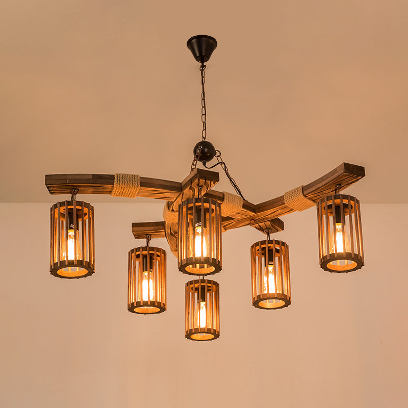 Wood Caged Hanging Chandelier Lodge 6-Bulb Dining Room Ceiling Pendant Light with Rope Detail in Black/Brown Clearhalo 'Carpenter Chandeliers' 'Ceiling Lights' 'Chandeliers' 'Industrial Chandeliers' 'Industrial' 'Middle Century Chandeliers' 'Modern' 'Tiffany' Lighting' 1917151